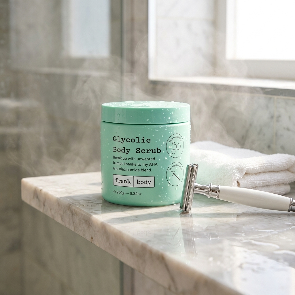 Eingewachsene Haare vorbeugen – FRANK BODY Glycolic Body Scrub mit Rasierer im Bad