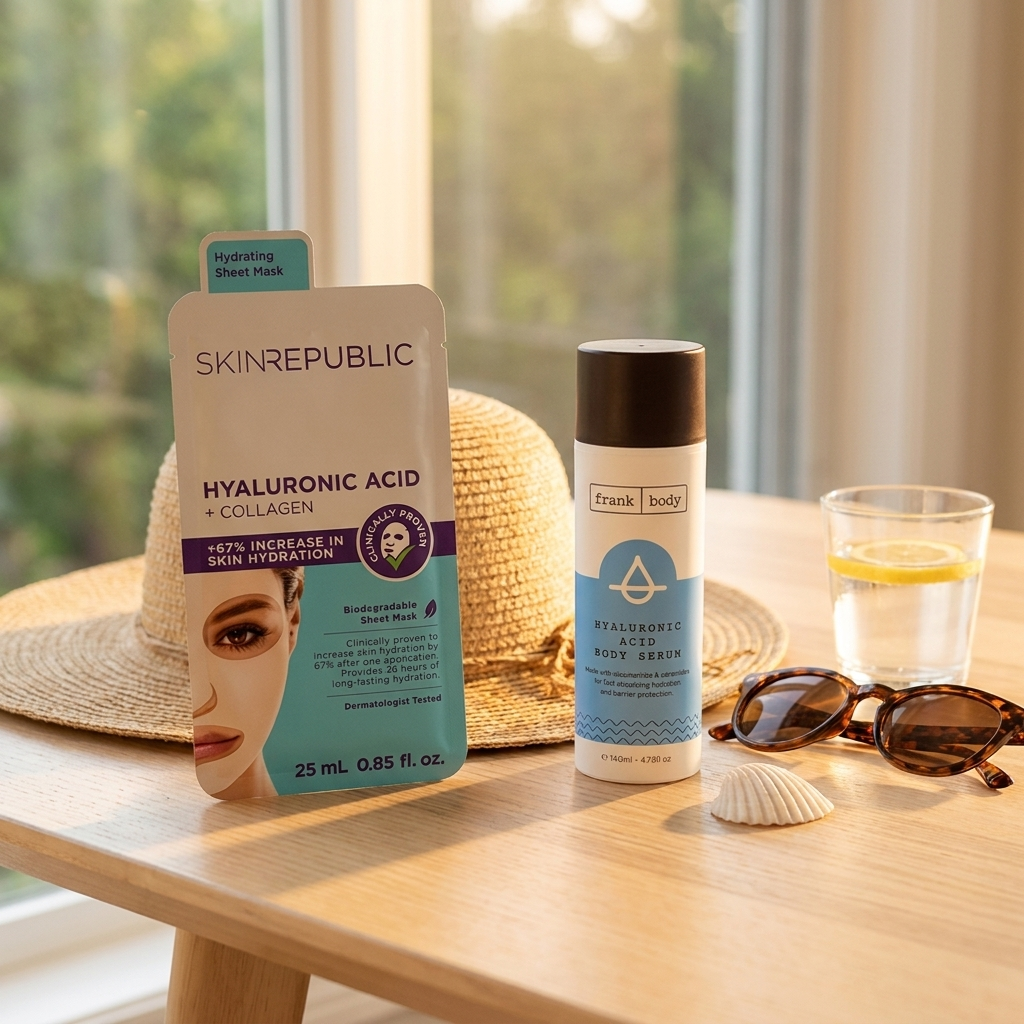 Zurück aus den Sommerferien – Skin Republic Hyaluron-Tuchmaske und Frank Body Hyaluronic Acid Body Serum mit Strandhut und Sonnenbrille