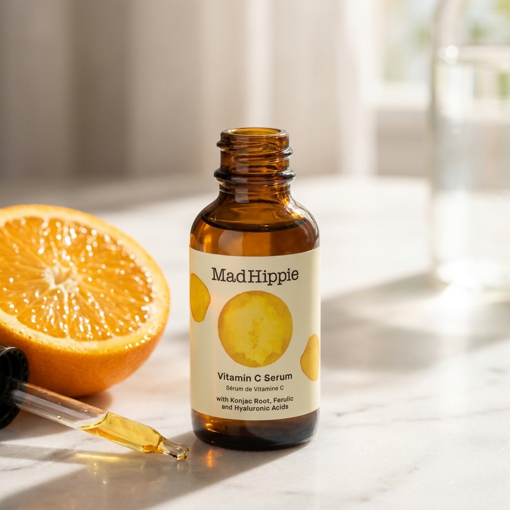 Mad Hippie Vitamin C Serum Flasche mit Orange und Pipette auf Marmor im Morgenlicht