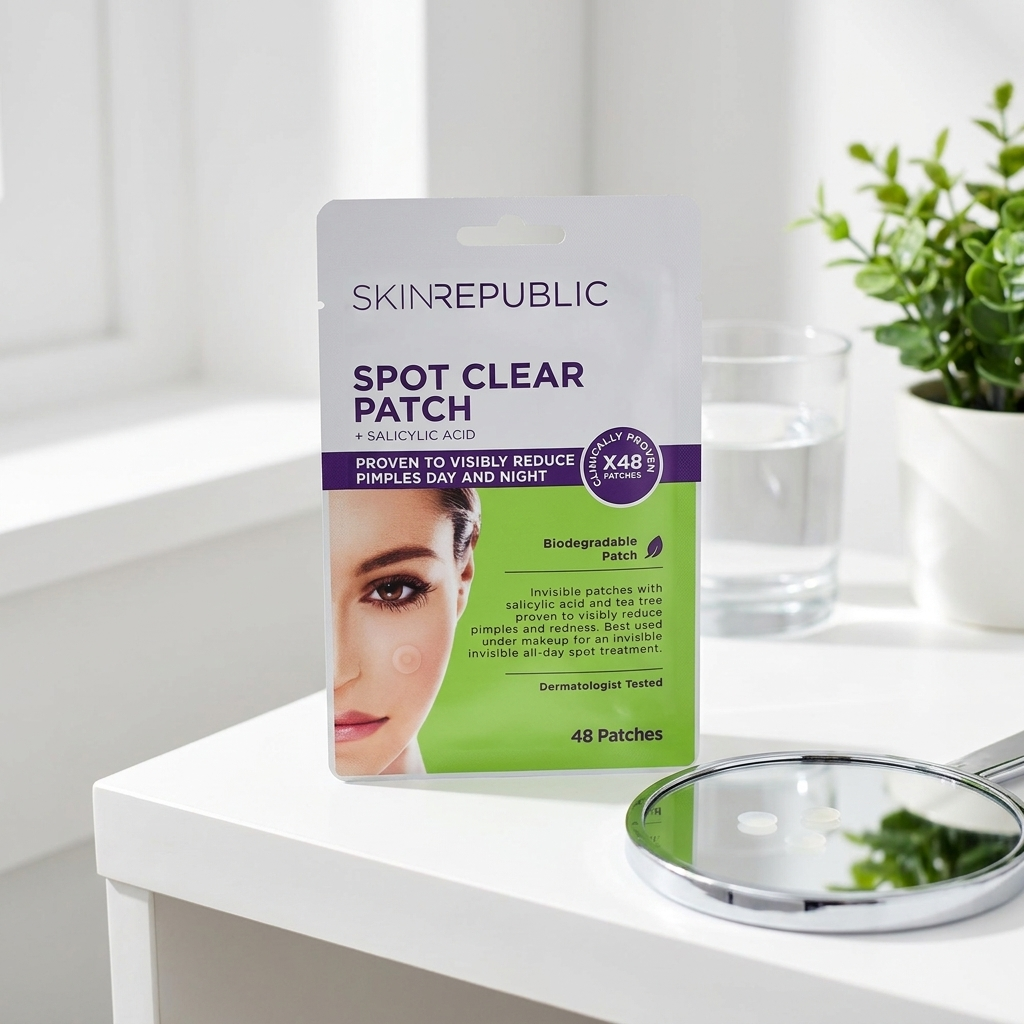 Skin Republic Spot Clear Pickel-Patches im hellen Badezimmer mit Handspiegel