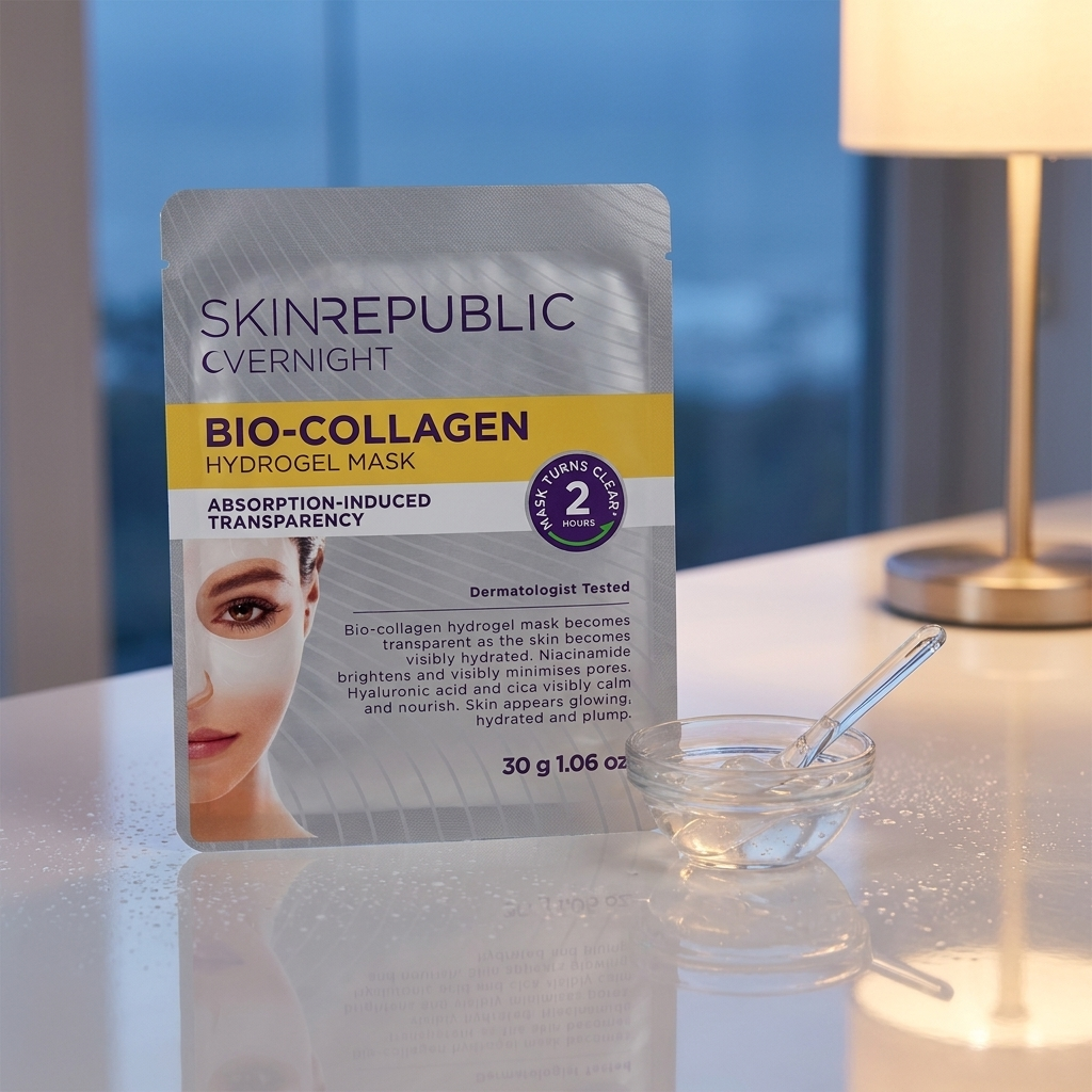 Skin Republic Bio-Collagen Overnight Hydrogel Maske auf glossy Vanity bei Abendlicht – Glass Skin