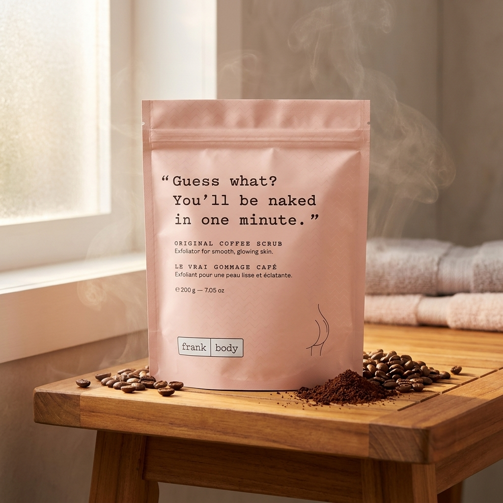 Coffee Scrub gegen Reibeisenhaut: FRANK BODY Original Coffee Scrub auf Holzbank mit Kaffeebohnen