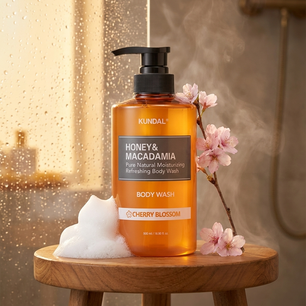 Sulfatfreies Duschgel: KUNDAL Honey & Macadamia Body Wash Cherry Blossom in der Dusche