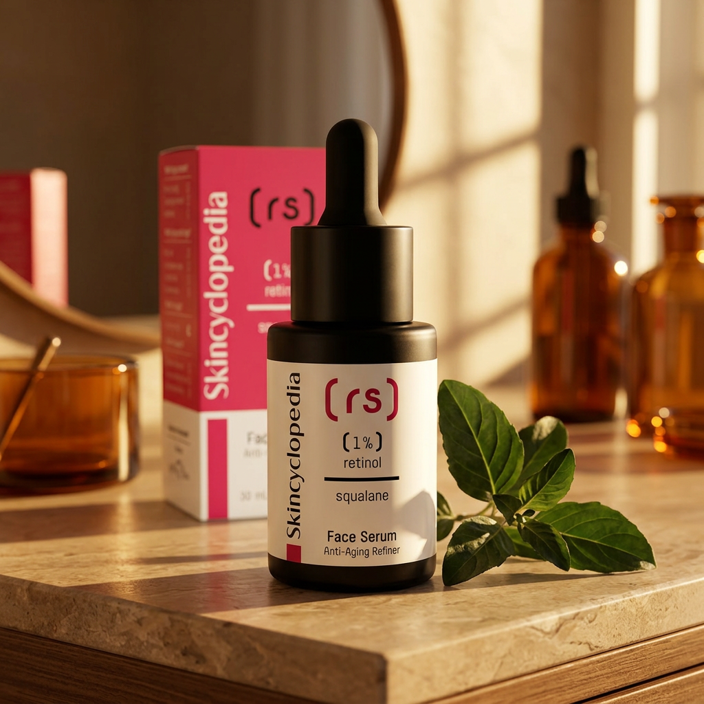 Bakuchiol als Retinol-Alternative: SKINCYCLOPEDIA Serum am Schminktisch im Abendlicht