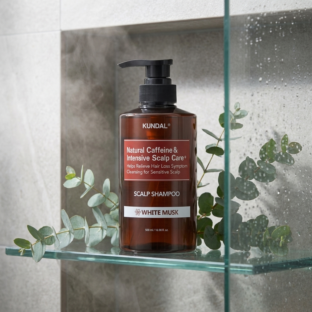 Kopfhaut-Peeling-Routine: KUNDAL Caffeine Shampoo White Musk in der Dusche mit Eukalyptus