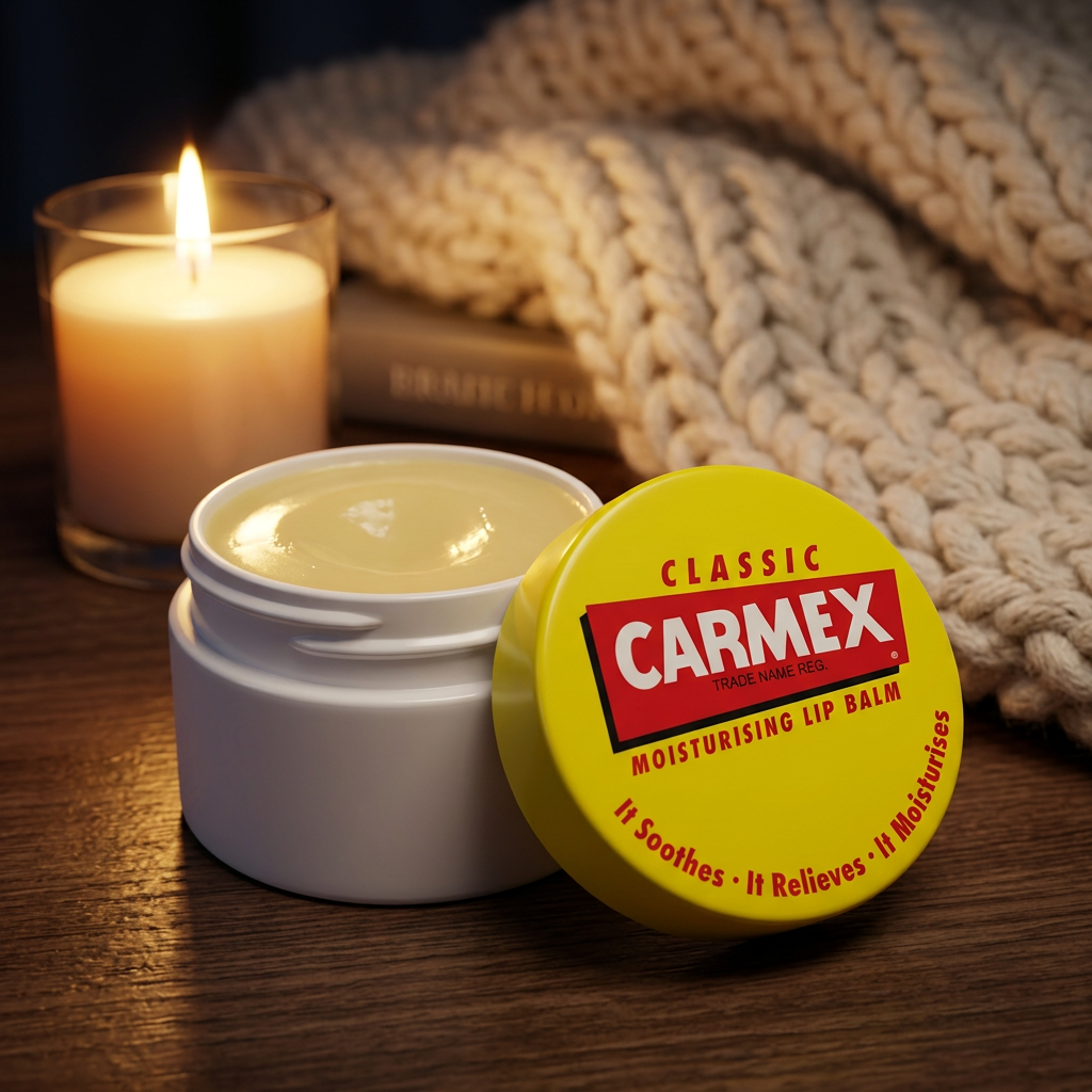 Overnight lip mask: an open CARMEX Classic jar with shiny balm on a wintery nightstand by the warm glow of a candle