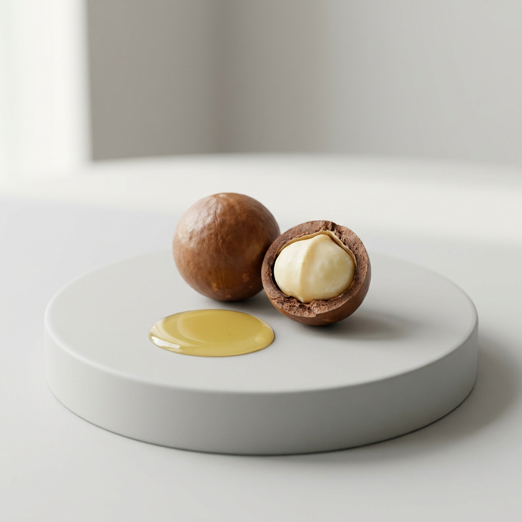 Macadamiaöl: Zwei Macadamia-Nüsse, eine geöffnet, neben einem goldenen Öl-Pool