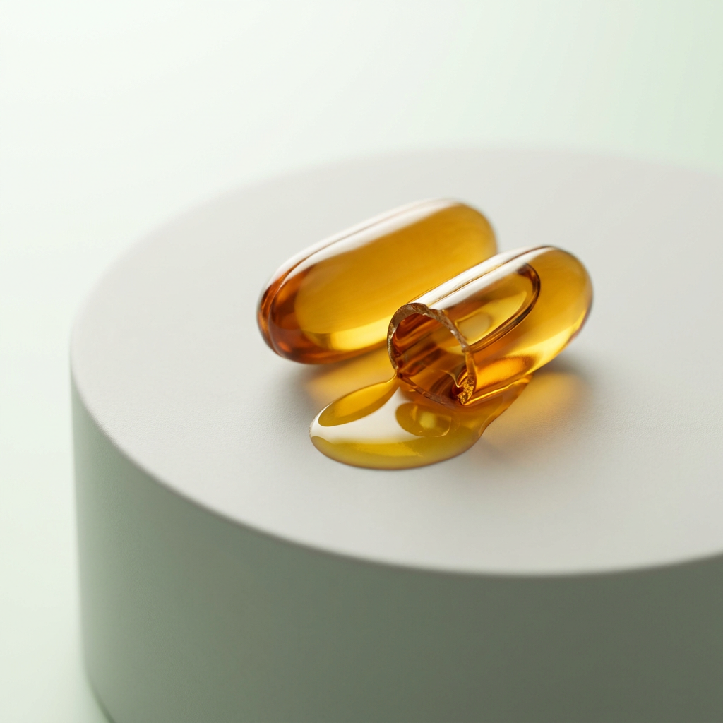 Vitamin E: bernsteinfarbene Öl-Kapseln, eine aufgeschnitten mit austretendem goldenem Vitamin-E-Öl