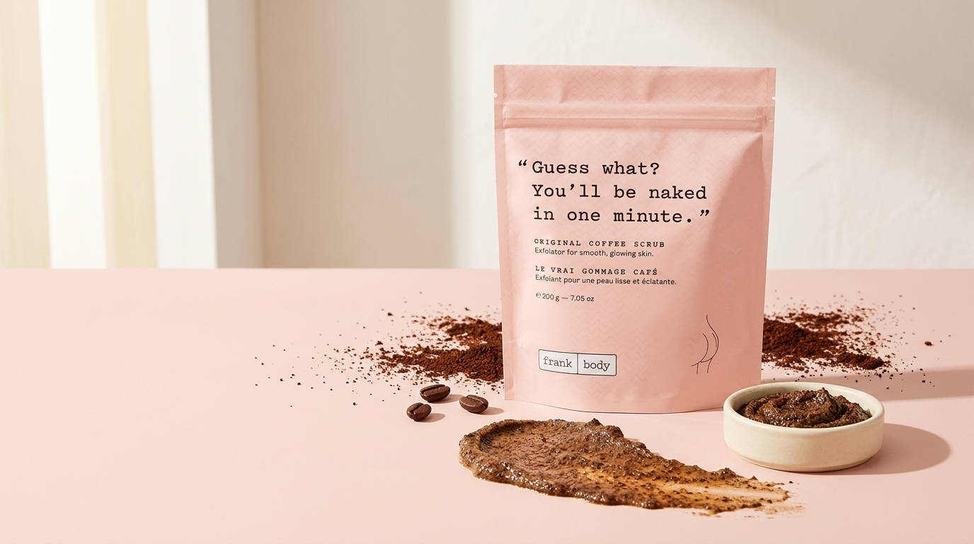 FRANK BODY Original Coffee Scrub Beutel auf rosa Untergrund mit Kaffeesatz und Scrub-Textur – jetzt in der Schweiz bei BONSANA