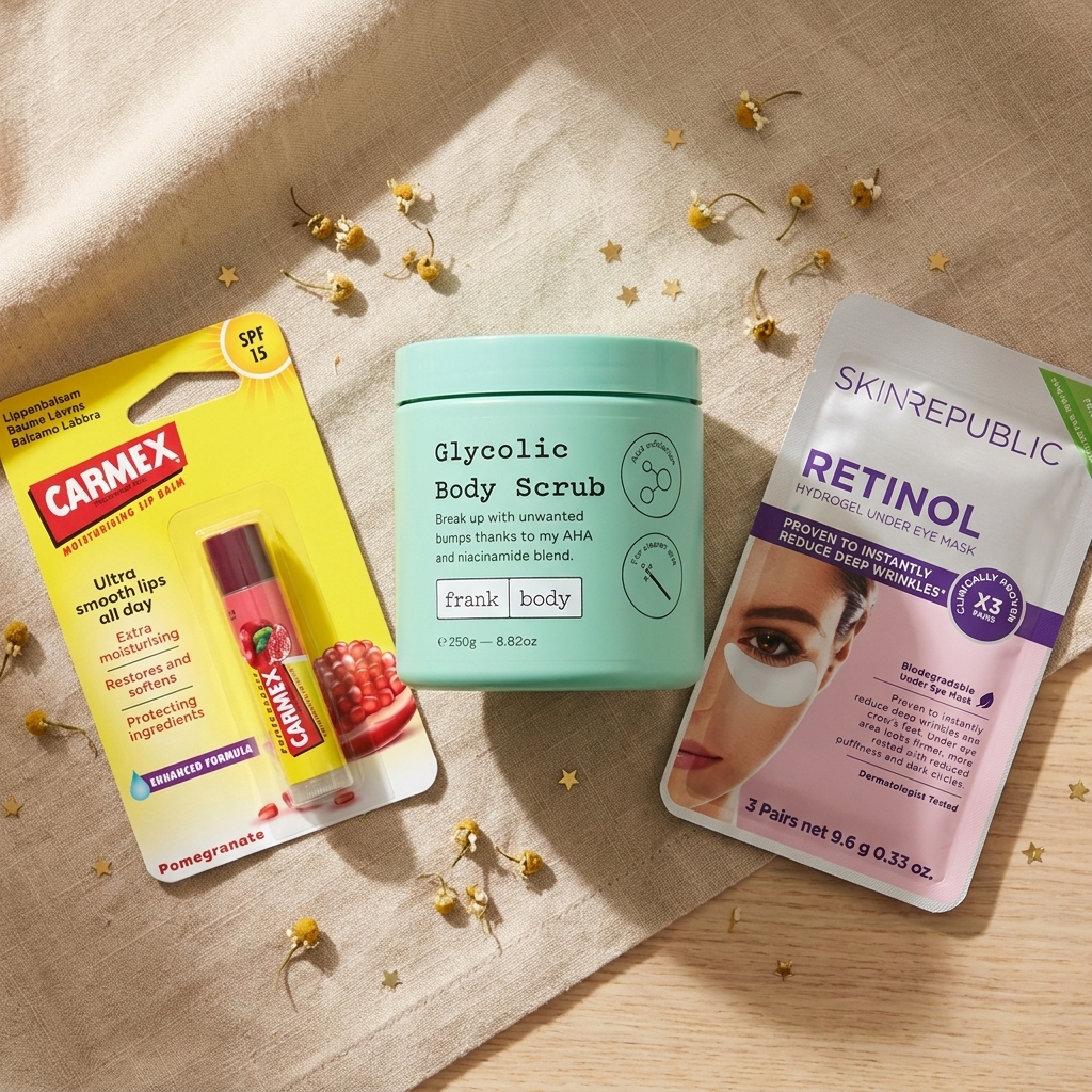 Bonsana Bestseller – CARMEX Lippenpflege, FRANK BODY Glycolic Body Scrub und SKIN REPUBLIC Retinol Augenpatches