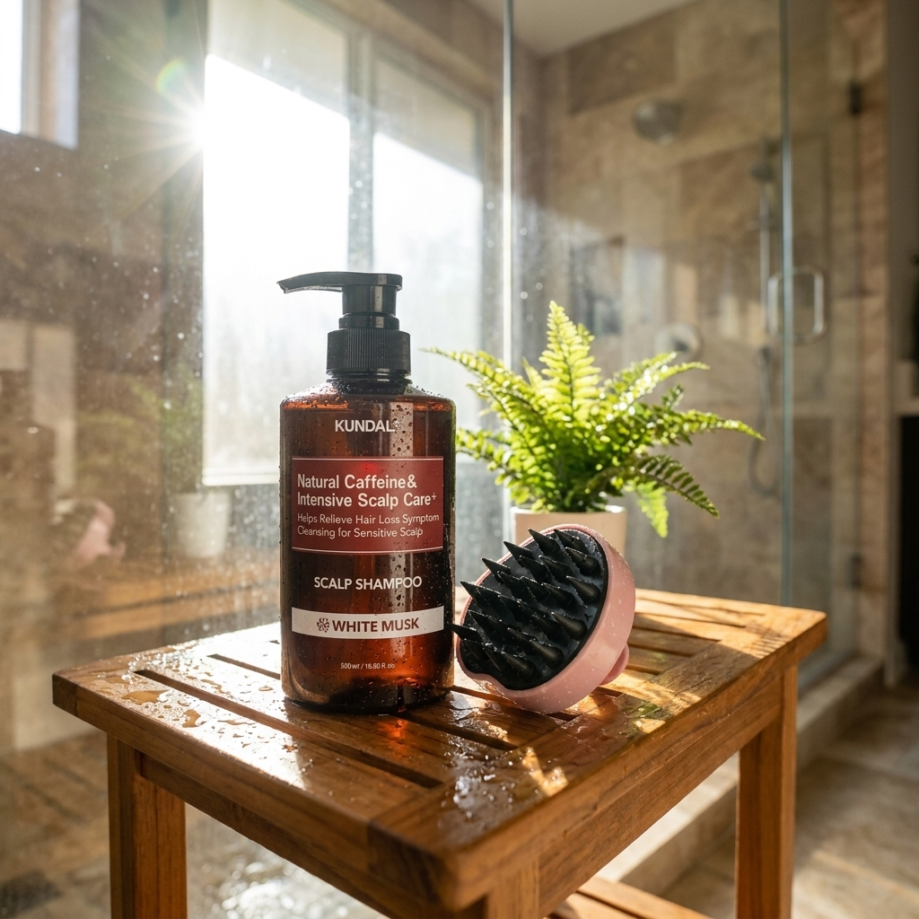 Koffein-Shampoo Wirkung – KUNDAL Caffeine Shampoo und Shampoo Brush in der Dusche