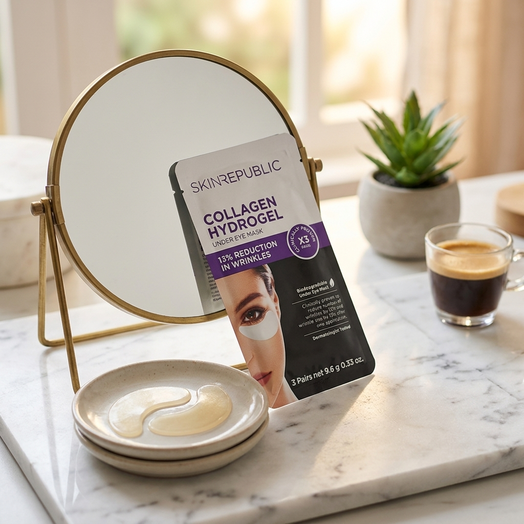 Skin Republic Collagen Hydrogel Augenpads am Schminkspiegel mit Espresso am Morgen