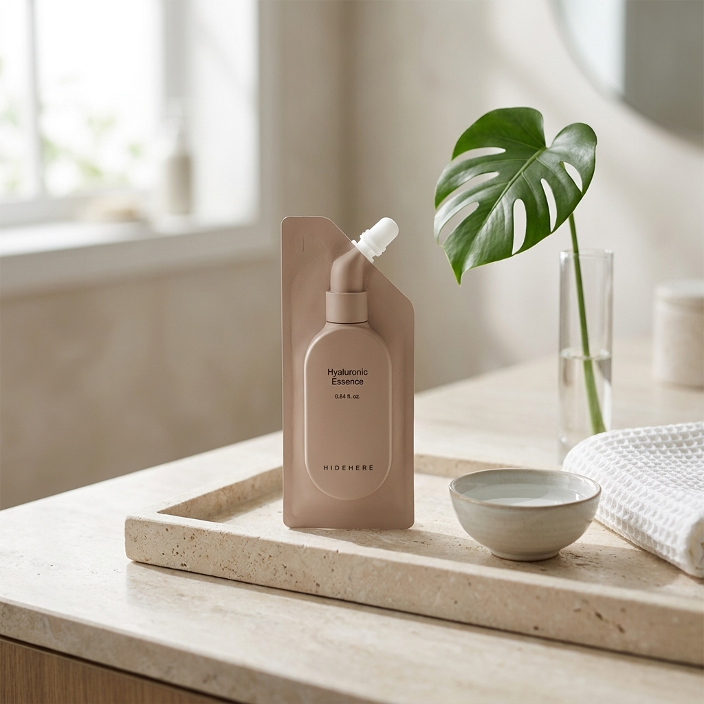 HIDEHERE Hyaluronic Essence auf Steintablett – minimalistische K-Beauty-Routine