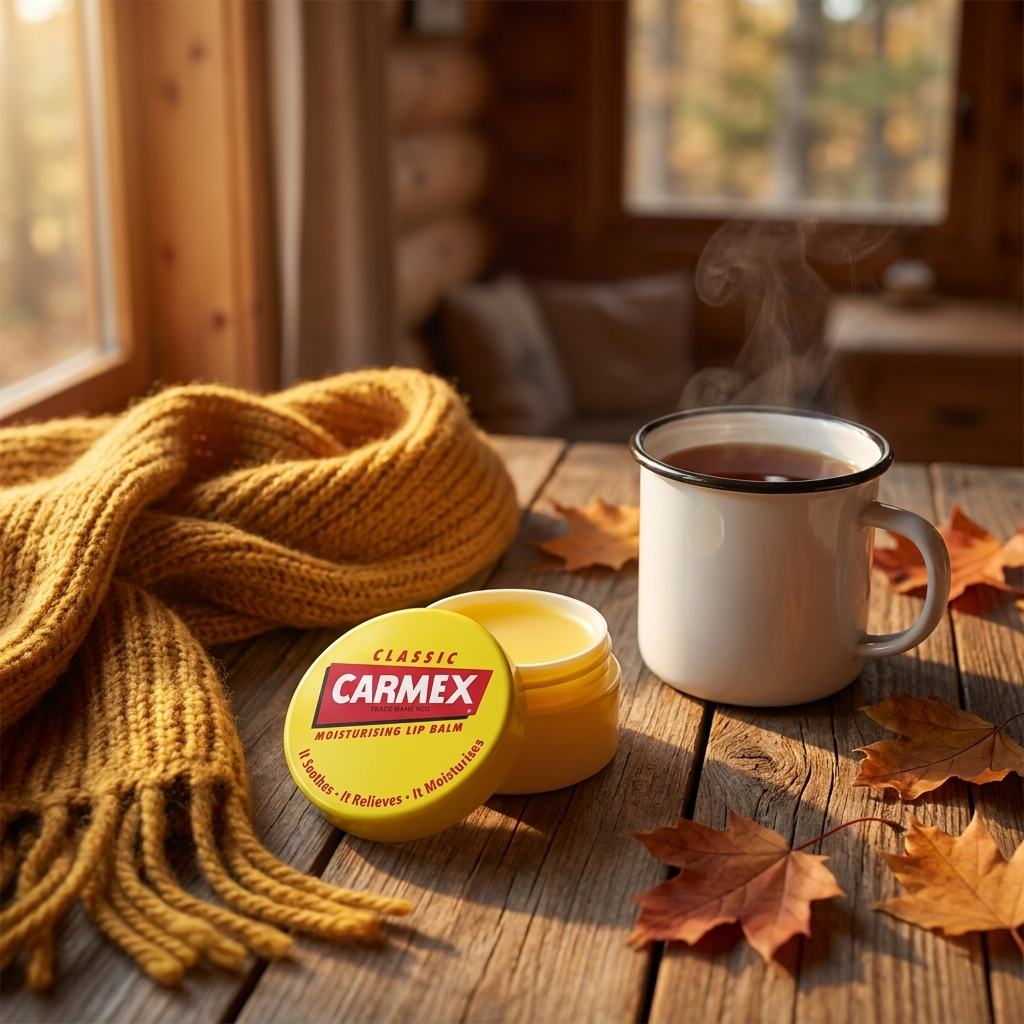 Carmex Classic Tiegel geöffnet auf Holztisch mit Herbstlaub, Strickschal und Tee