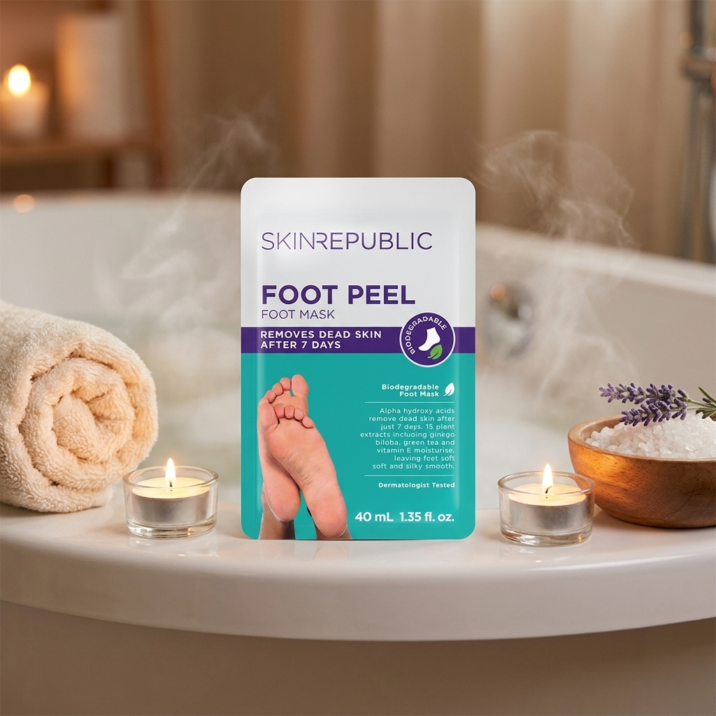 Skin Republic Foot Peel Fussmaske am Badewannenrand mit Kerzen, Lavendel und Badesalz