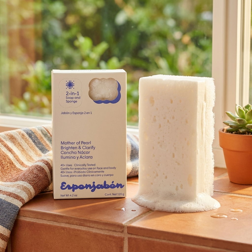 Esponjabon Mother of Pearl – 2-in-1 Seifenschwamm mit Schaum neben der Verpackung am sonnigen Fenster