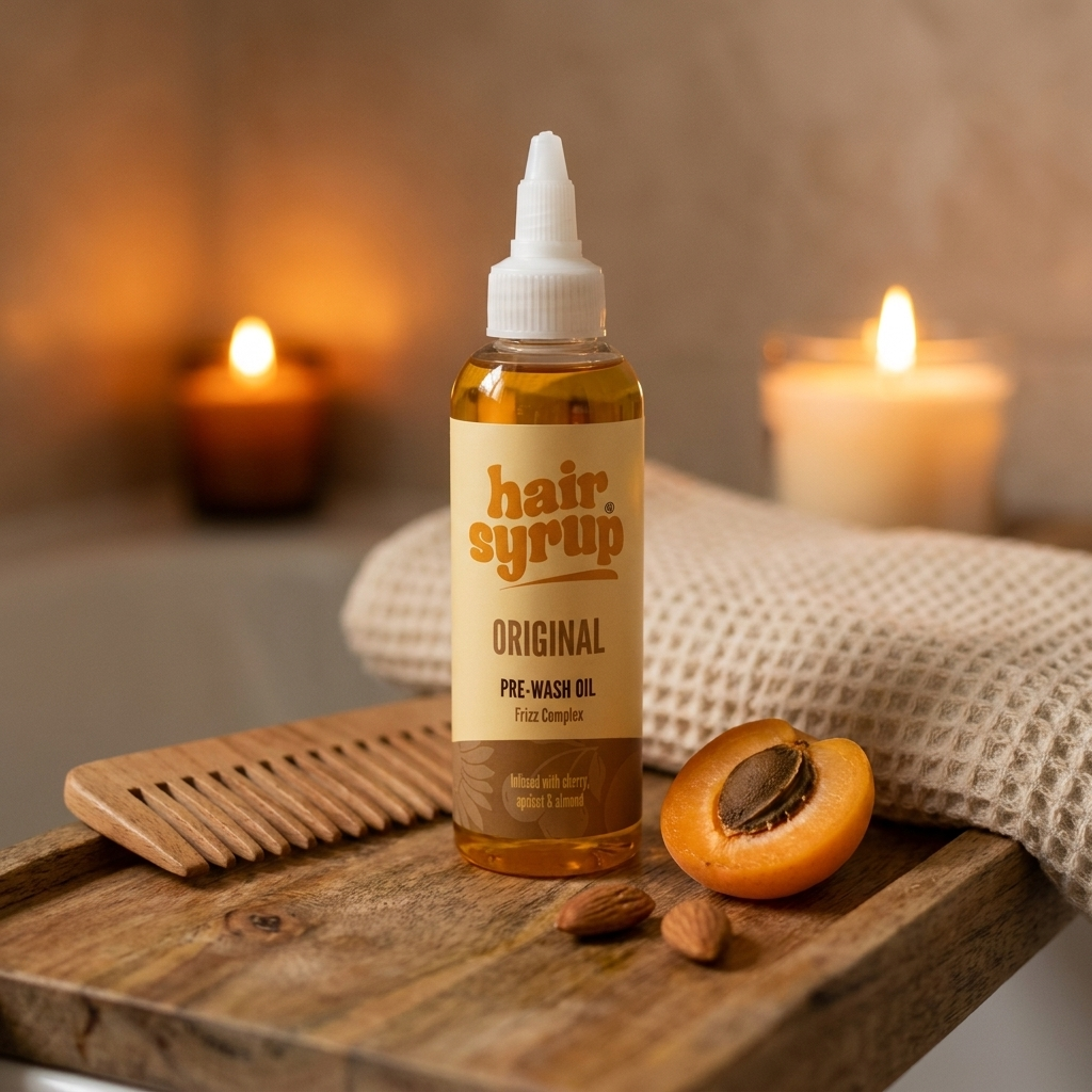 Hair Syrup Original Pre-Wash Haaröl auf Holztablett mit Kamm und Aprikose – Pre-Wash-Oiling Ritual