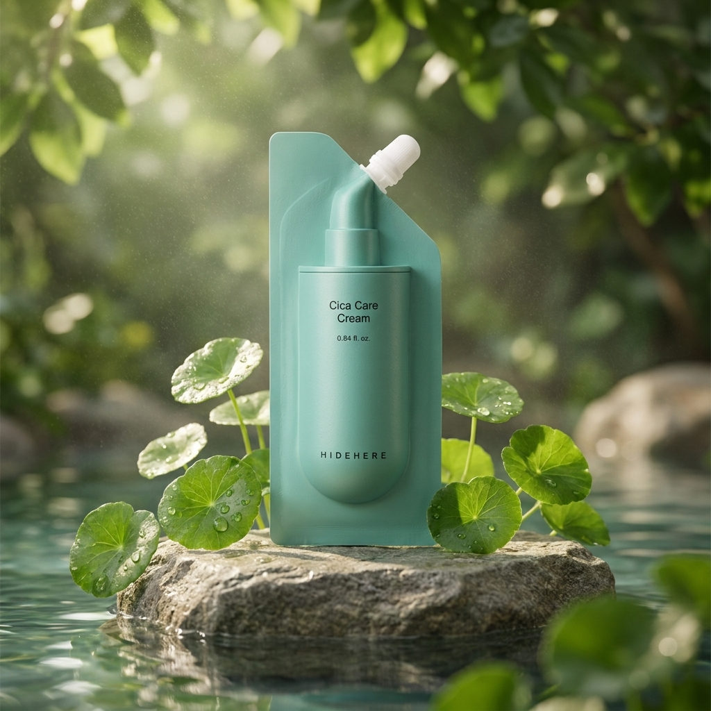 Cica Creme: HIDEHERE Cica Care Cream mit frischen Centella-Blättern im botanischen Spa-Setting