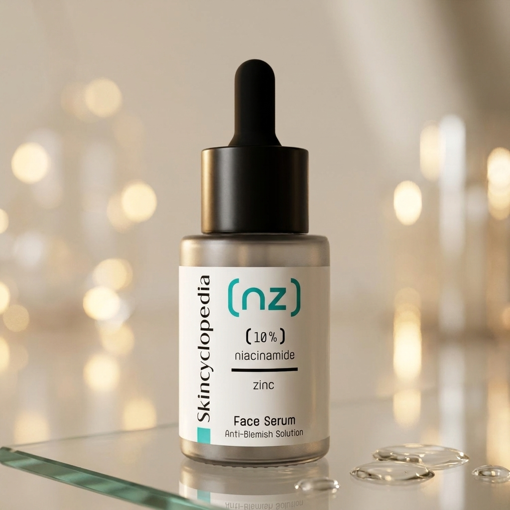 SKINCYCLOPEDIA Niacinamid Serum 10% mit Zink auf Glasablage mit Wassertropfen