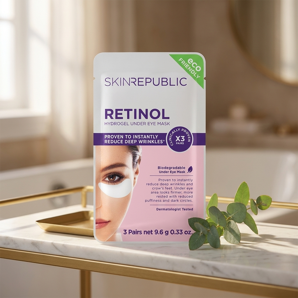 Augencreme Alternative: SKIN REPUBLIC Retinol Augenpatches auf Marmor-Badregal