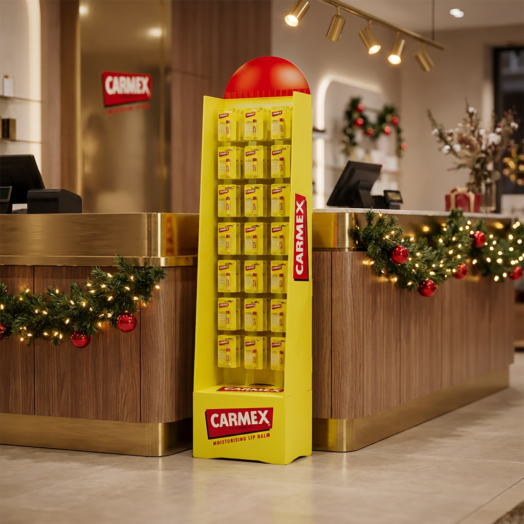 CARMEX Display Floorstand als Beauty POS im Weihnachtsgeschäft – festlich dekorierter Kassenbereich einer Boutique