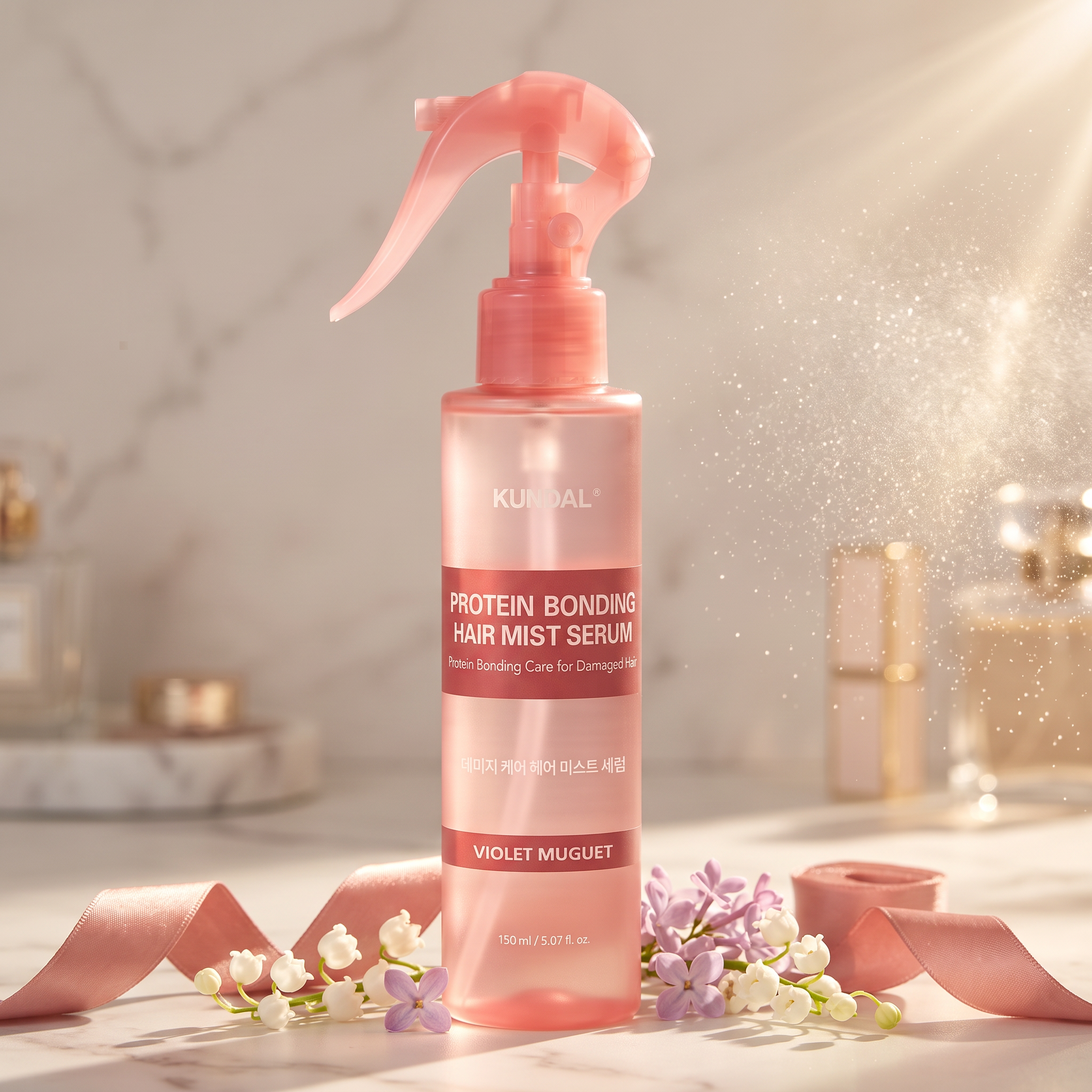 Body Mist und Hair Mist Guide: KUNDAL Protein Bonding Hair Mist Violet Muguet mit feinem Sprühnebel im Morgenlicht am Marmor-Schminktisch