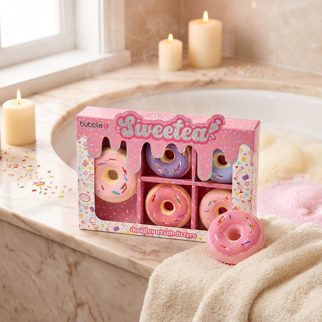 Badebomben Geschenkset: BUBBLE T Sweetea Donut Box auf dem Badewannenrand mit sprudelnder Donut-Badebombe, Handtuch und Kerzen