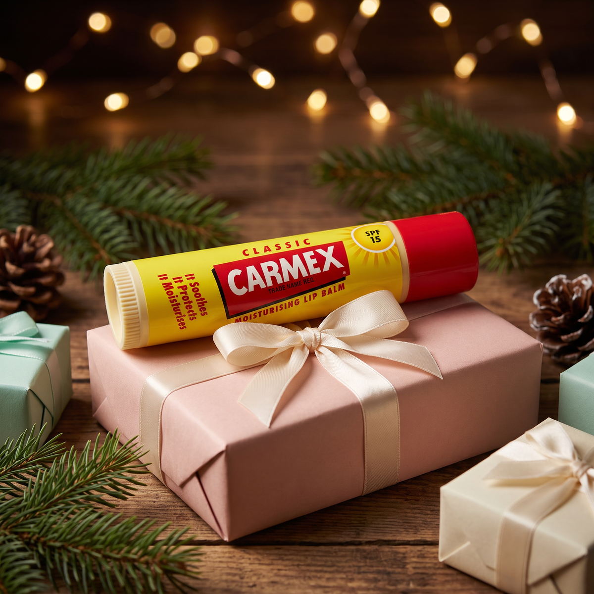 Wichtelgeschenke Beauty unter 20 Franken: CARMEX Classic Stick SPF 15 auf pastellfarbenen Geschenken am festlichen Chalet-Tisch