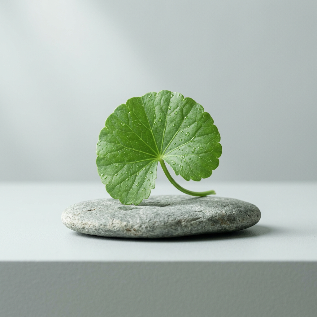 Cica / Centella Asiatica: rundes Blatt mit Tautropfen auf flachem Stein