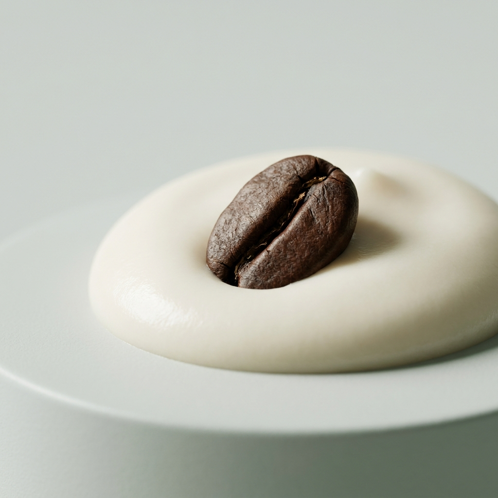 Koffein: geröstete Kaffeebohne halb versunken in cremefarbener Textur