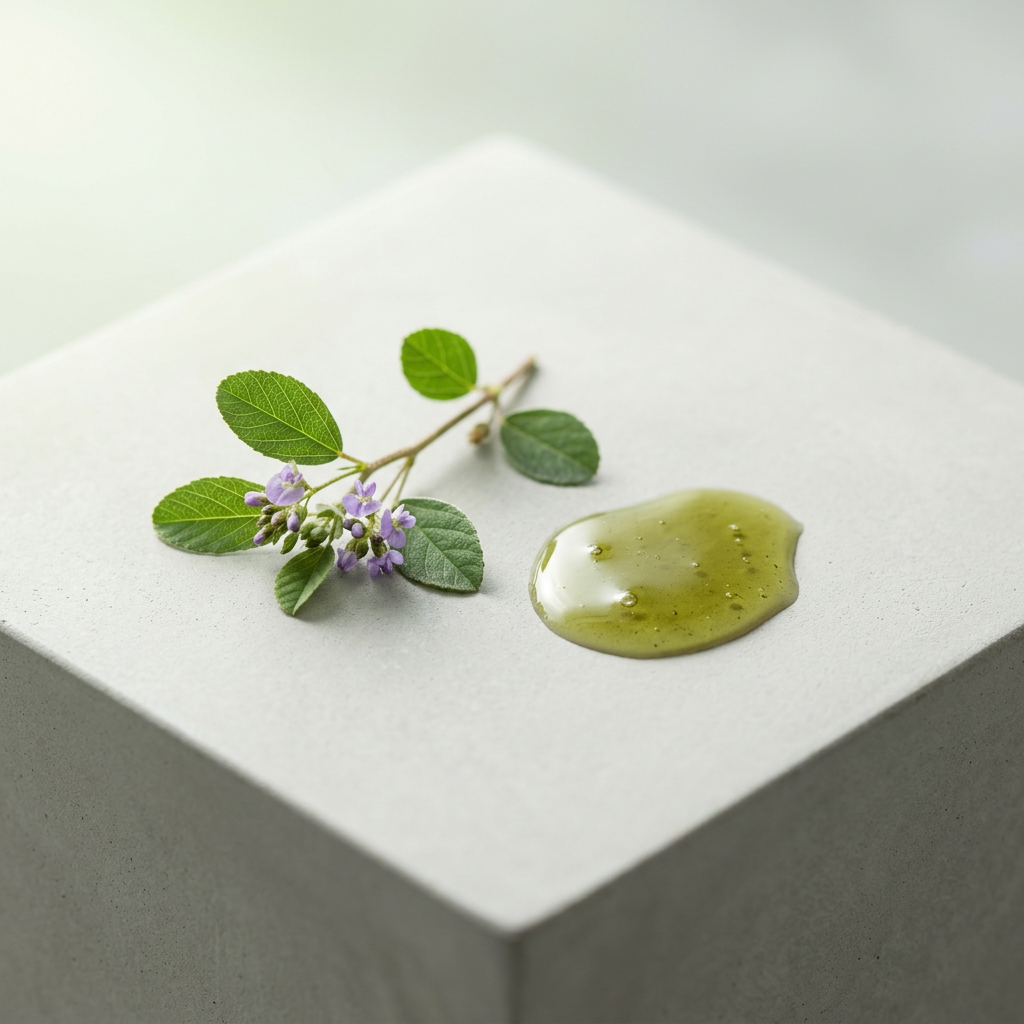 Bakuchiol: Babchi-Zweig mit violetten Blüten und Öl-Swatch – BONSANA Wirkstoff-Lexikon