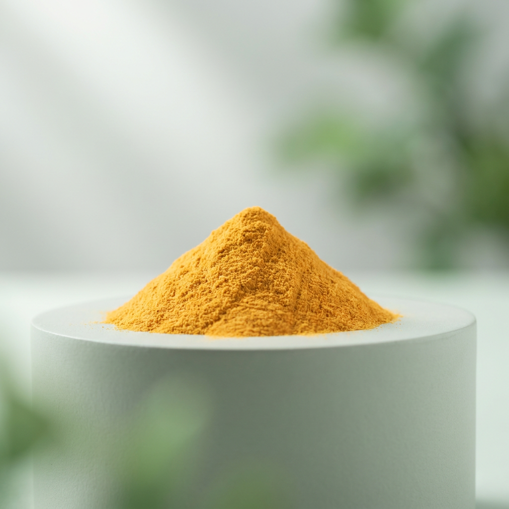 Q10: leuchtend orange-gelbes Coenzym-Q10-Pulver mit samtiger Textur auf hellgrauem Podest