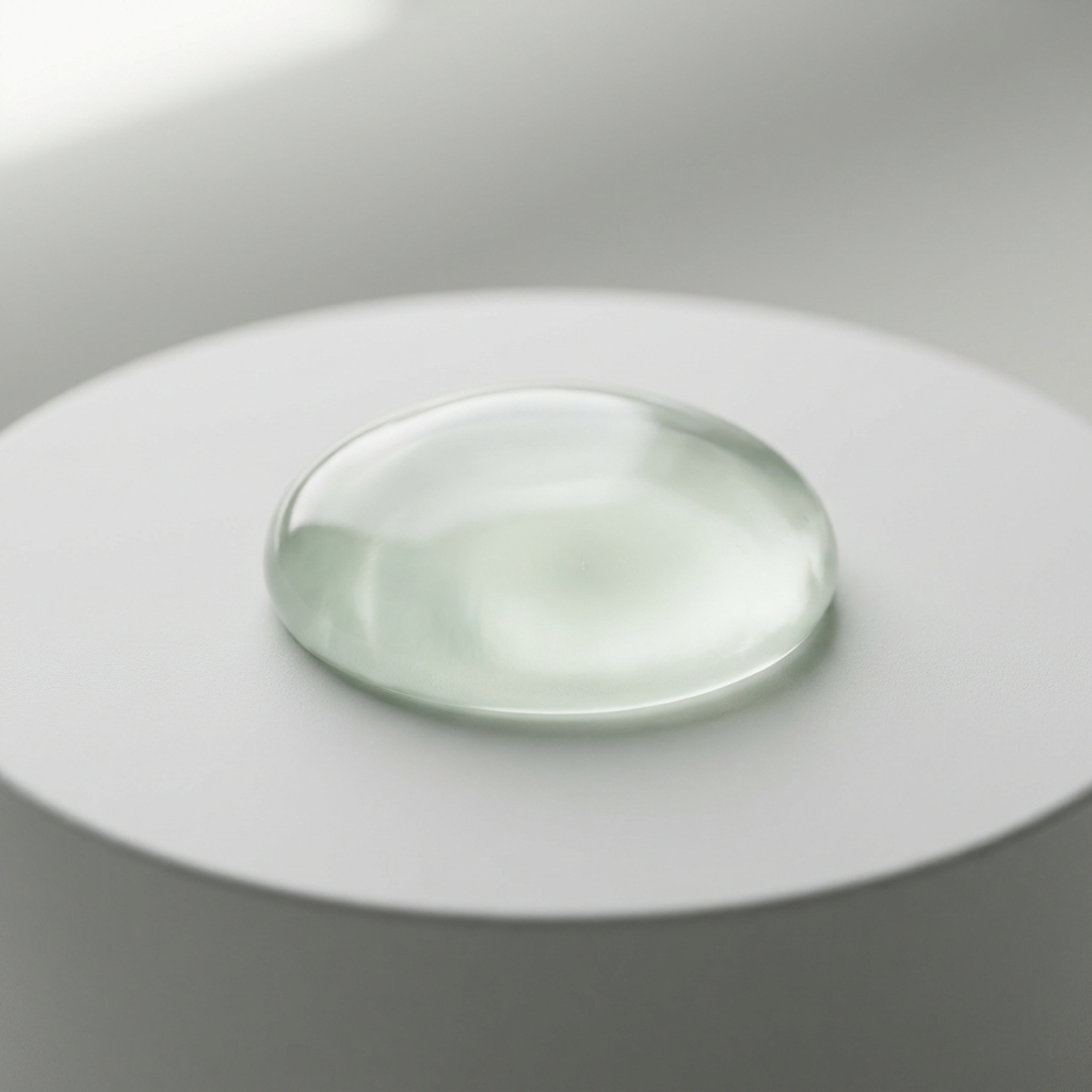 Panthenol (Provitamin B5): klarer Gel-Tropfen auf grauem Podest – beruhigender Feuchtigkeits-Wirkstoff