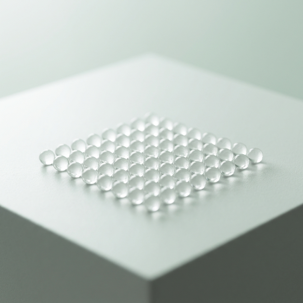 Peptide in der Hautpflege: transparente Perlen in präziser Anordnung auf grauem Podest – Signalgeber-Wirkstoff