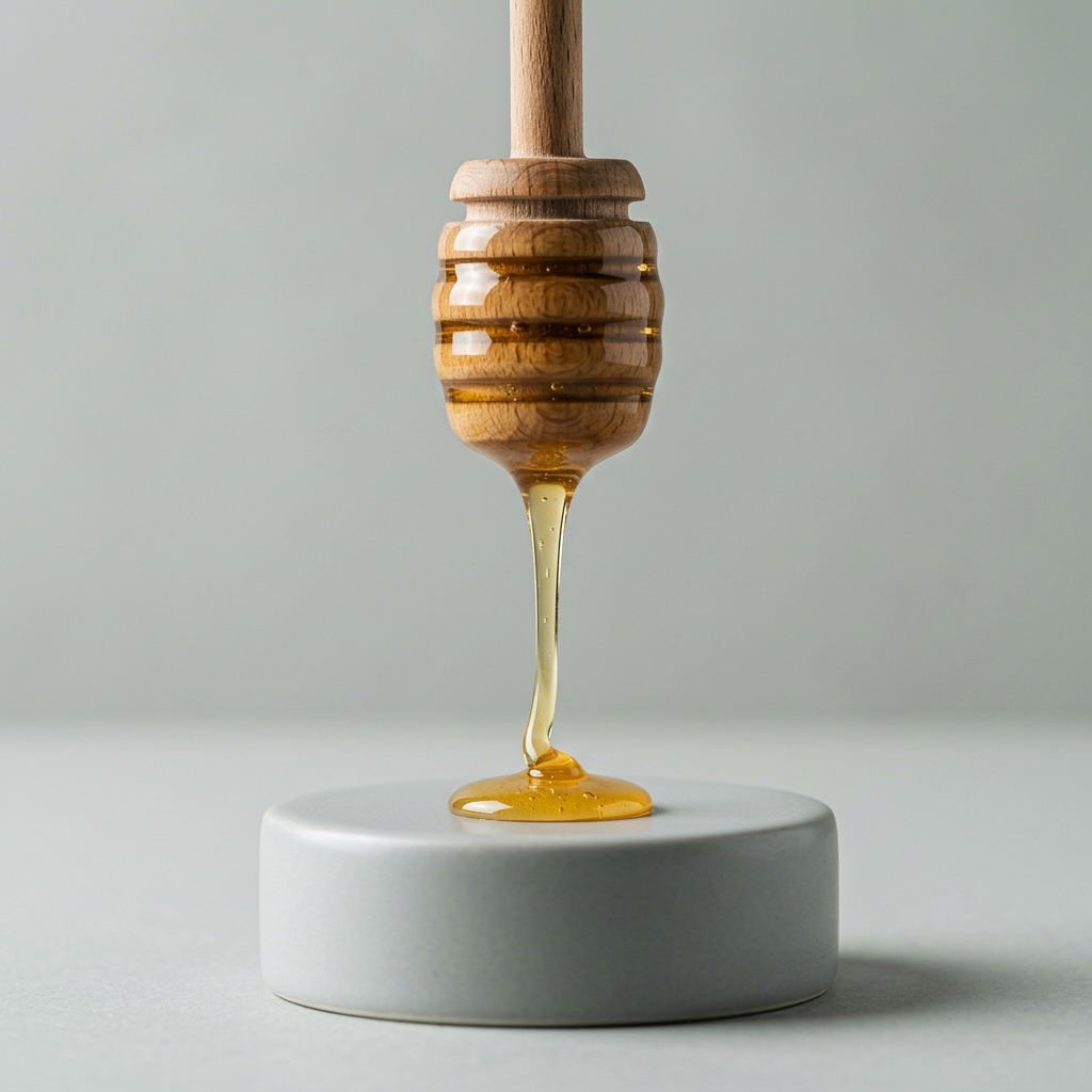 Honig in der Kosmetik: goldener Honigtropfen fliesst vom Holz-Honigheber aufs Podest – pflegender Wirkstoff