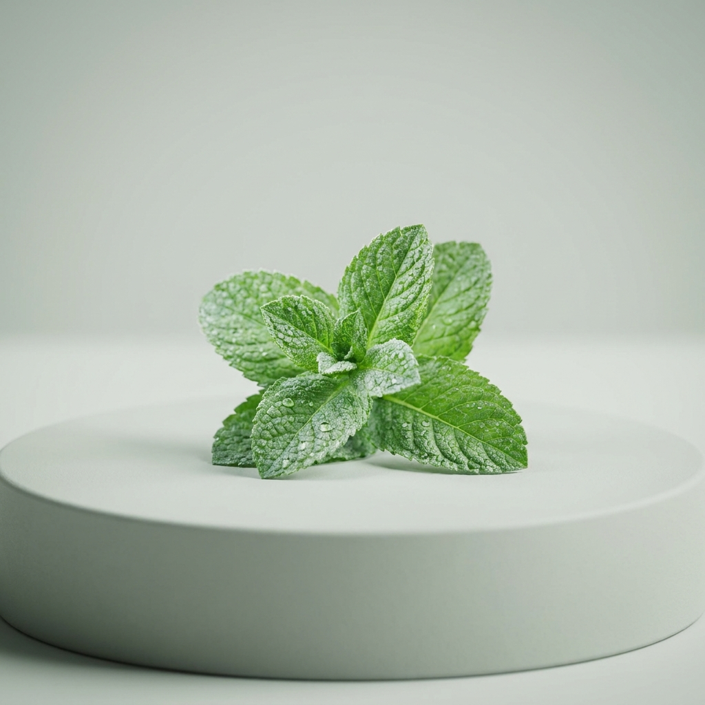 Menthol: frische Minzblätter mit Wassertropfen und kühlem Frost-Effekt – kühlender Wirkstoff im BONSANA Lexikon