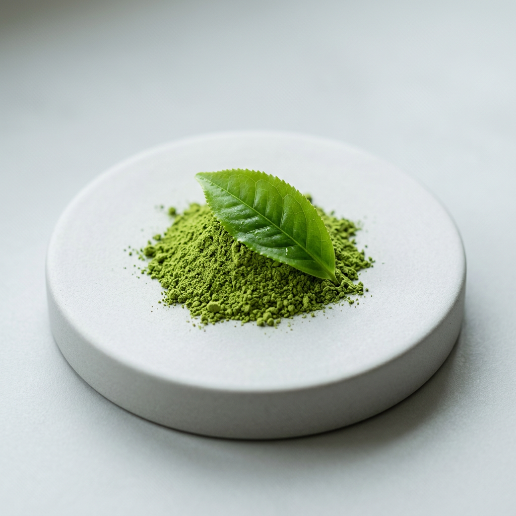 Grüntee-Extrakt: leuchtend grünes Matcha-Pulver mit Teeblatt – antioxidativer Wirkstoff im BONSANA Lexikon