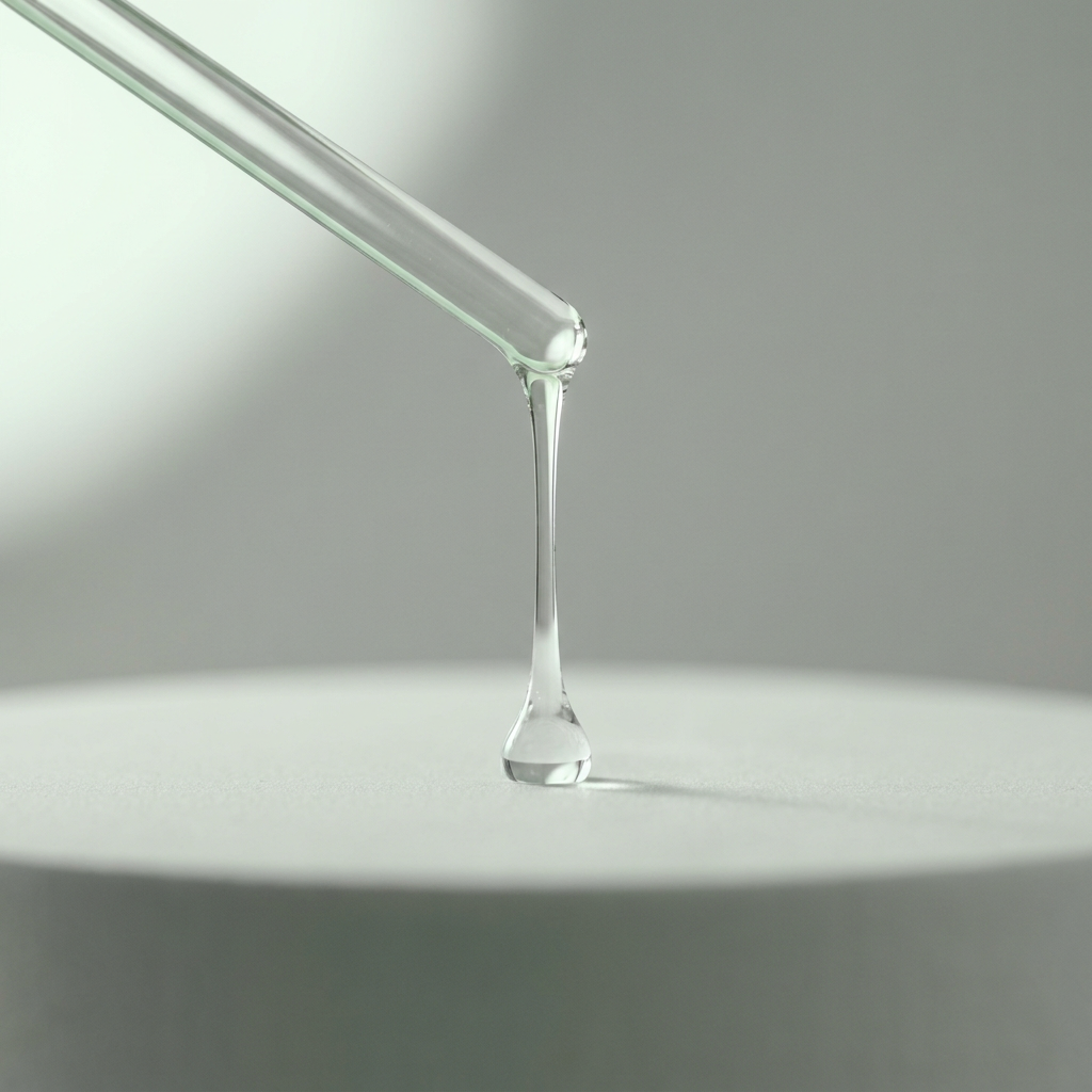 Glycerin: kristallklarer viskoser Glycerin-Tropfen zieht von einem Glasstab auf ein graues Podest