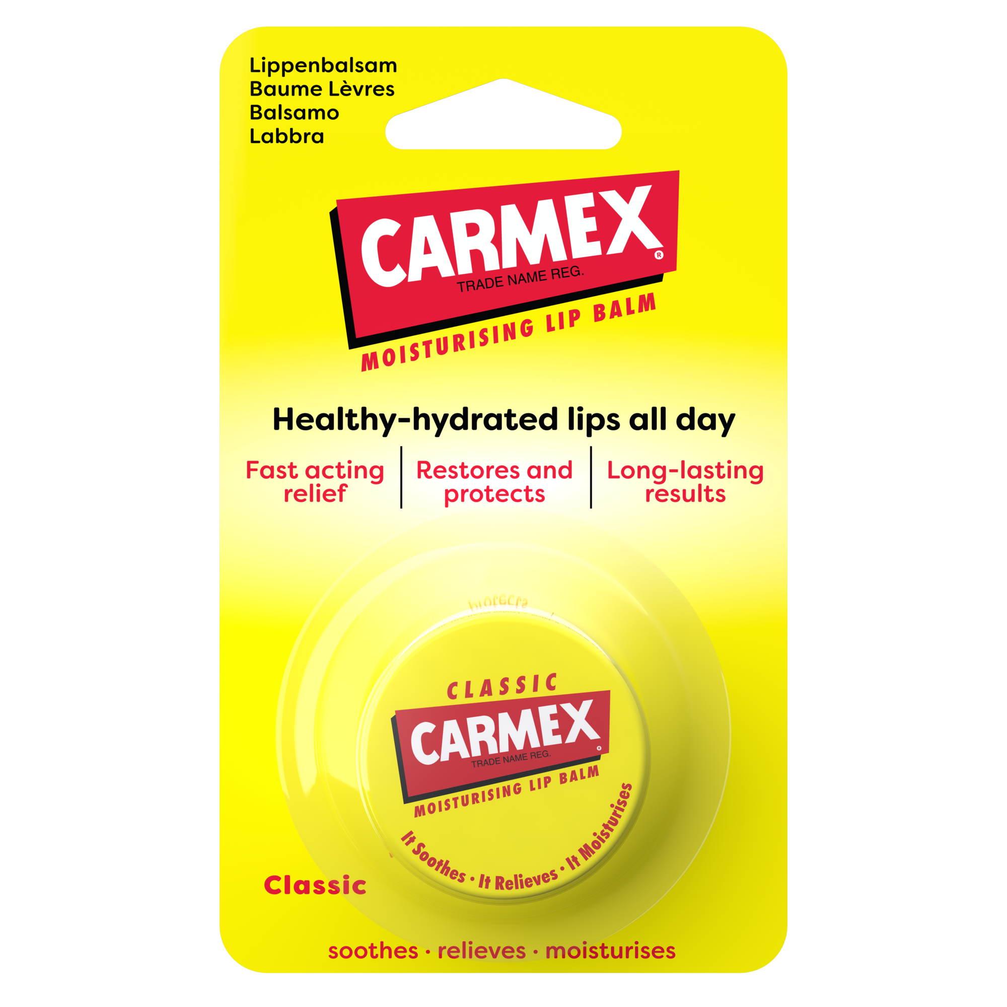 Verpackung des CARMEX Jar Classic Lippenbalsam mit Tiegel. Gelber Hintergrund, roter Schriftzug, Produkt-Slogan, Details zum Balsam.