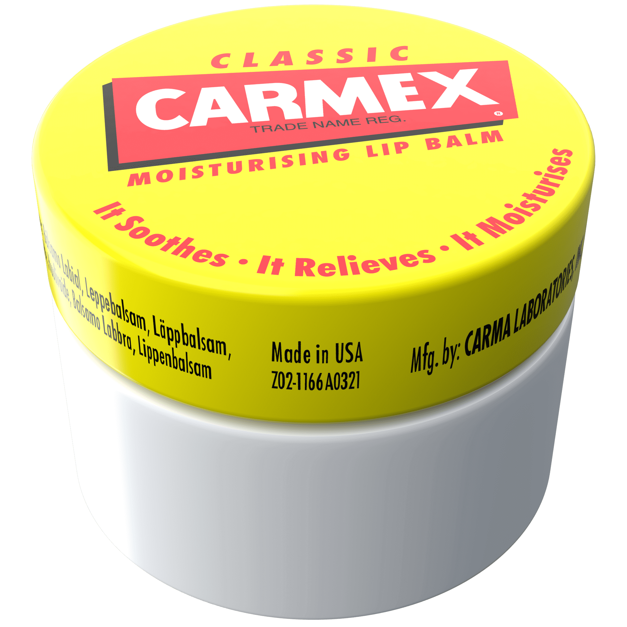 Gelber CARMEX Classic Lippenbalsam Tiegel mit roter Schrift. Der Balsam ist in einem weißen Behälter. Aufschrift: "It Soothes • It Relieves".