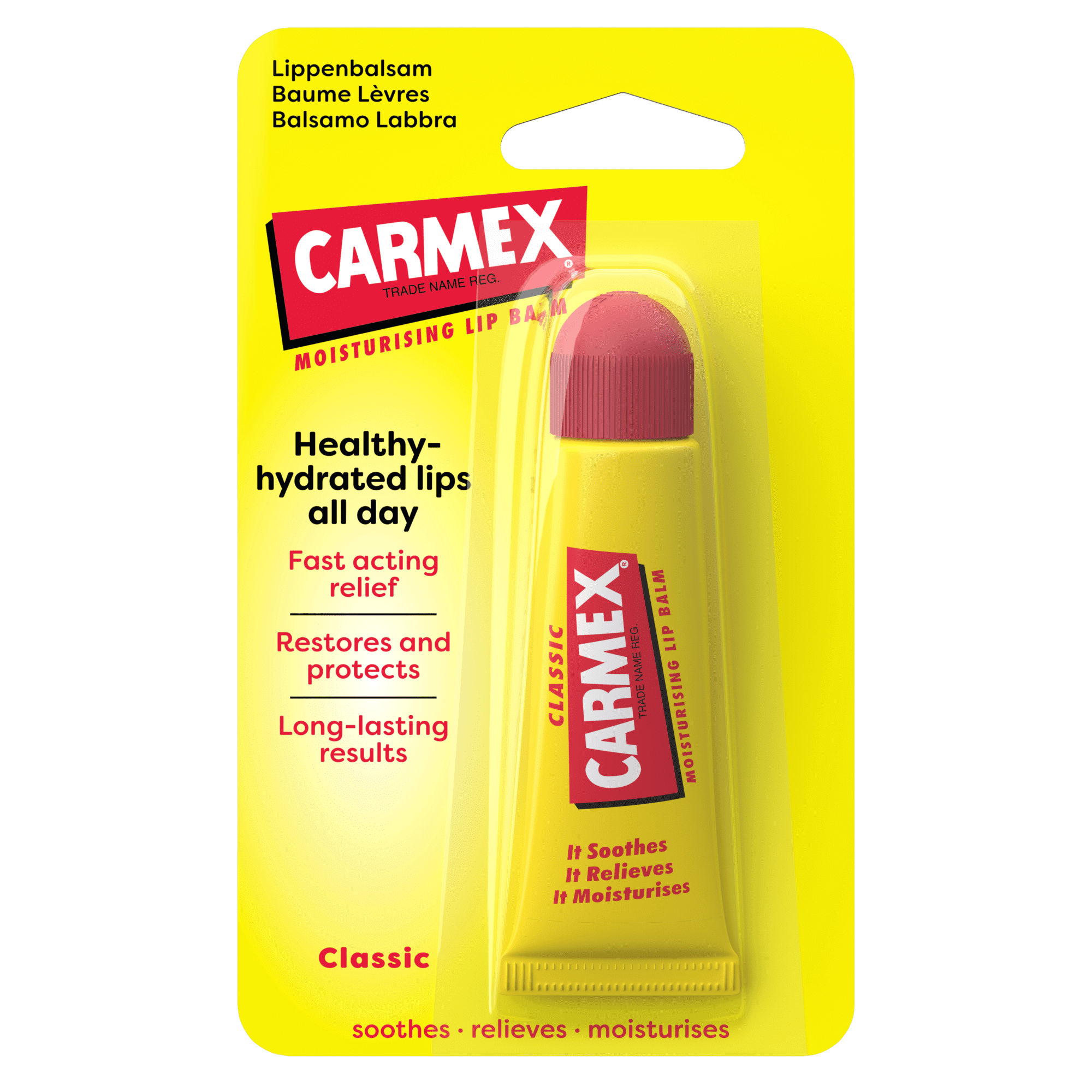 Verpackung des CARMEX Tube Classic Lippenbalsam. Die Tube ist gelb mit roter Schrift und rotem Deckel. Der Hintergrund der Verpackung ist ebenfalls gelb.