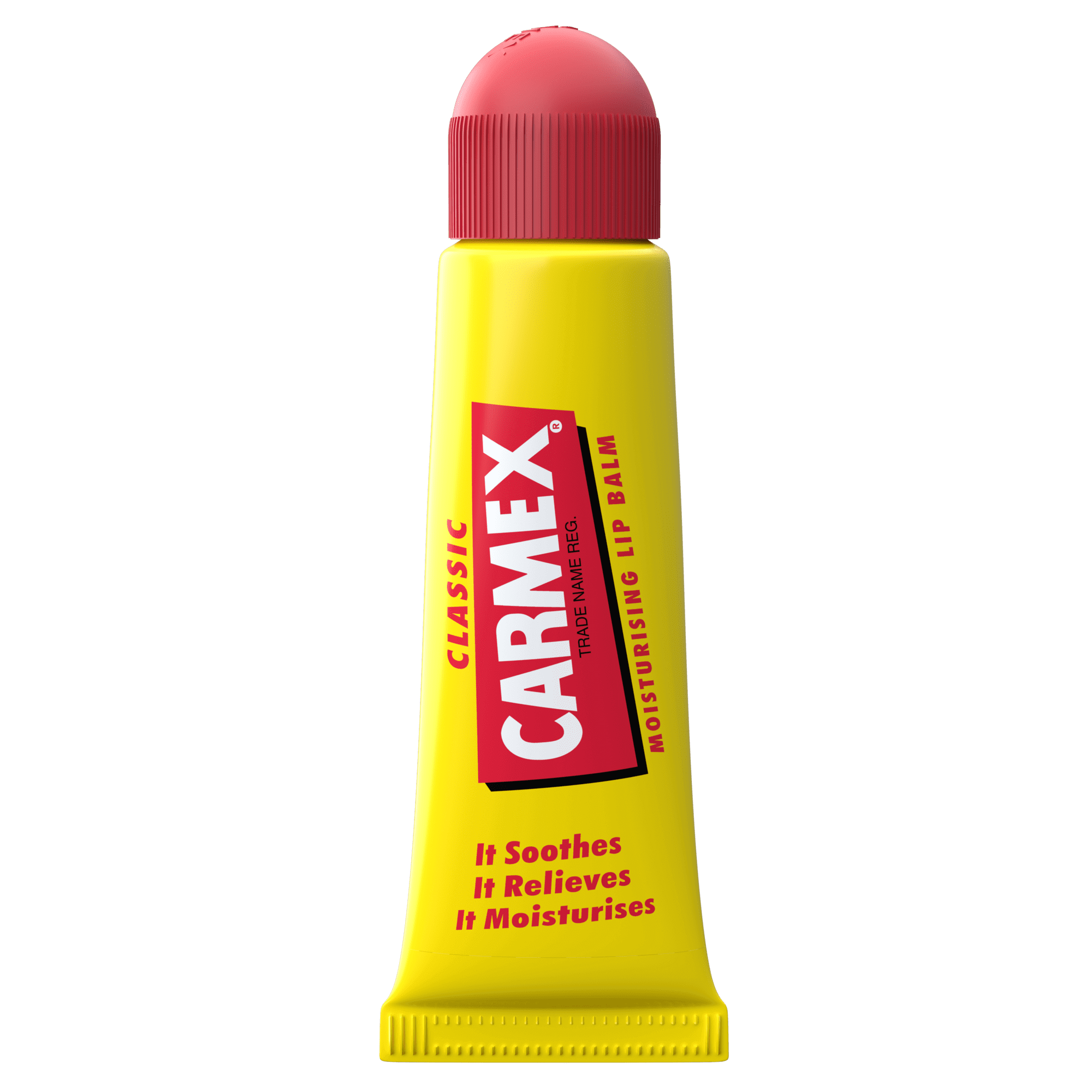 Gelbe Tube CARMEX Classic Lippenbalsam mit rotem Schraubverschluss. Text: CARMEX, Classic, Moisturising Lip Balm.