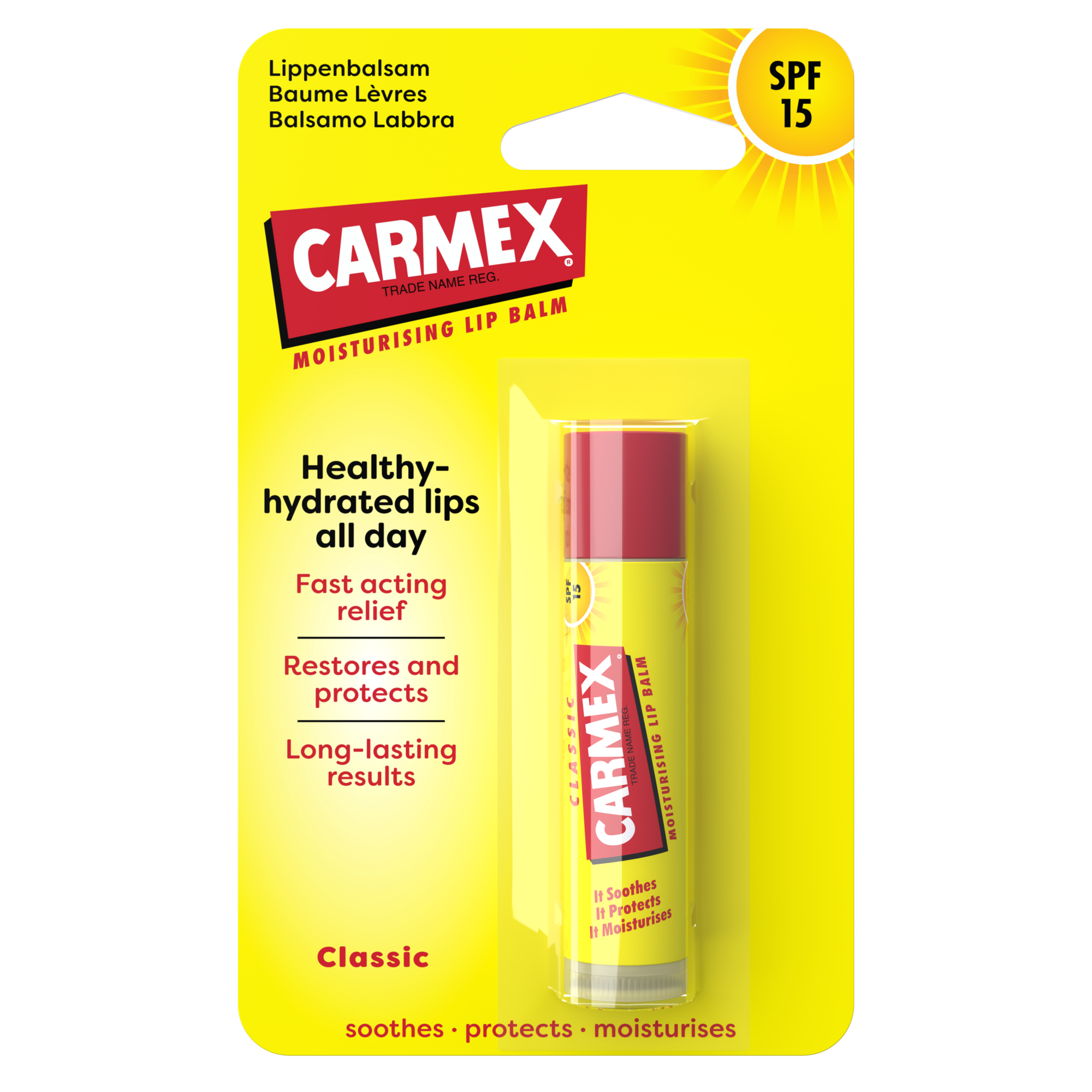 Verpackung eines CARMEX Classic Lippenbalsam Sticks mit SPF 15 auf gelbem Hintergrund. Der Stick ist rot und gelb.