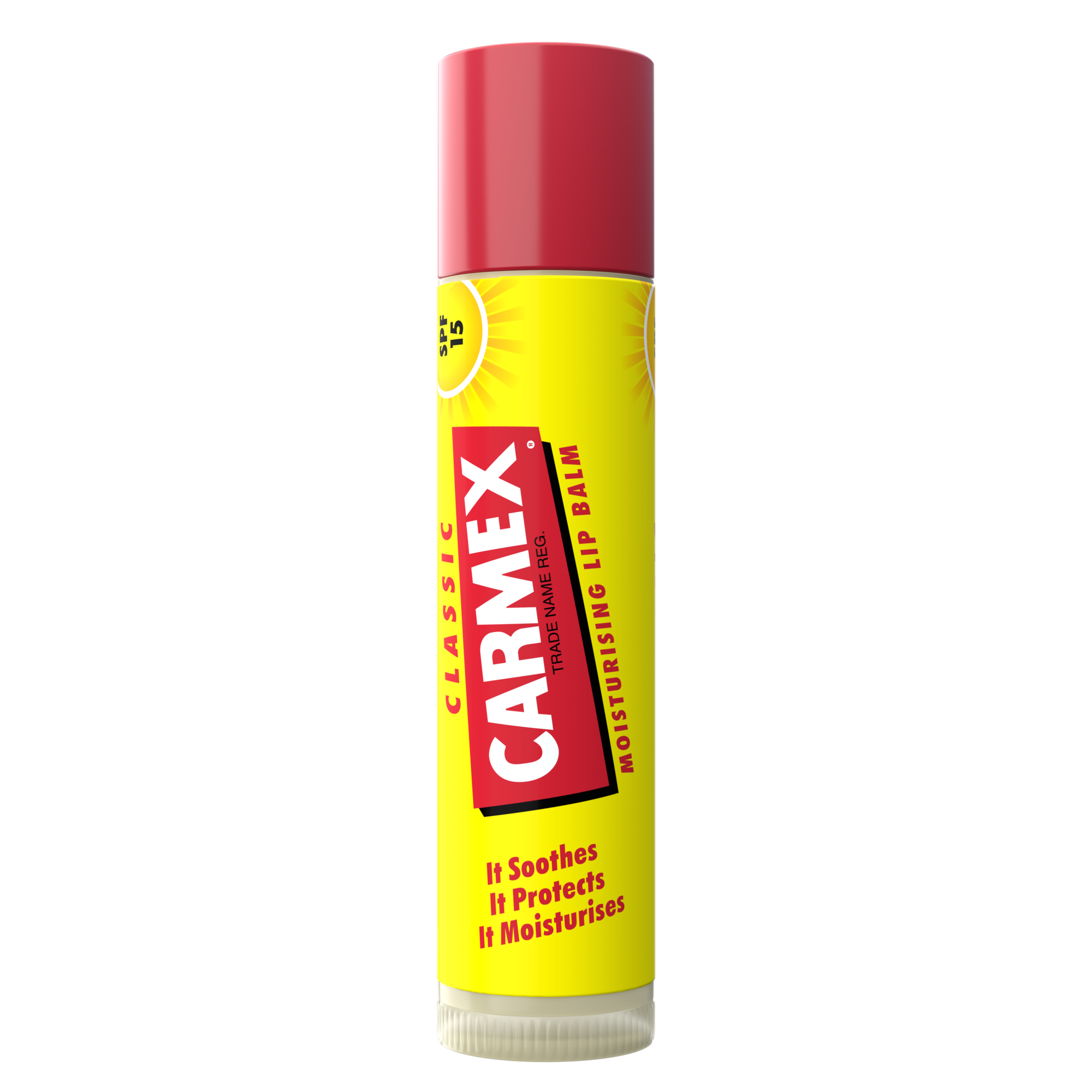 Carmex Classic Lippenbalsam Stick, gelbe Verpackung mit roter Schrift und roter Kappe. Aufgedruckter Sonnenschutzfaktor 15.