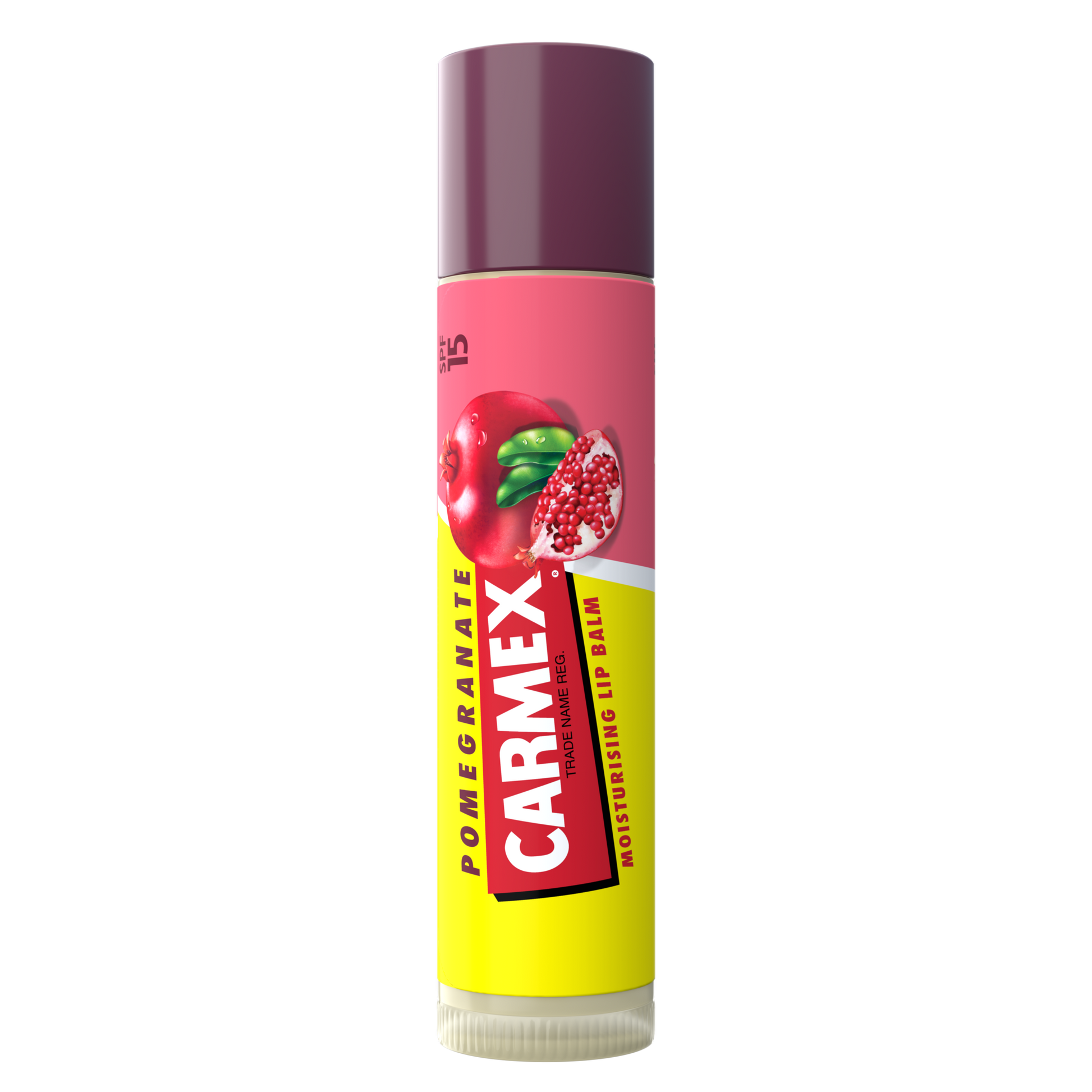 Ein Carmex Stick Pomegranate Lippenbalsam mit SPF 15, mit einer Abbildung von einem Granatapfel. Der Stick hat eine gelb-rote Farbe und einen lila Deckel.