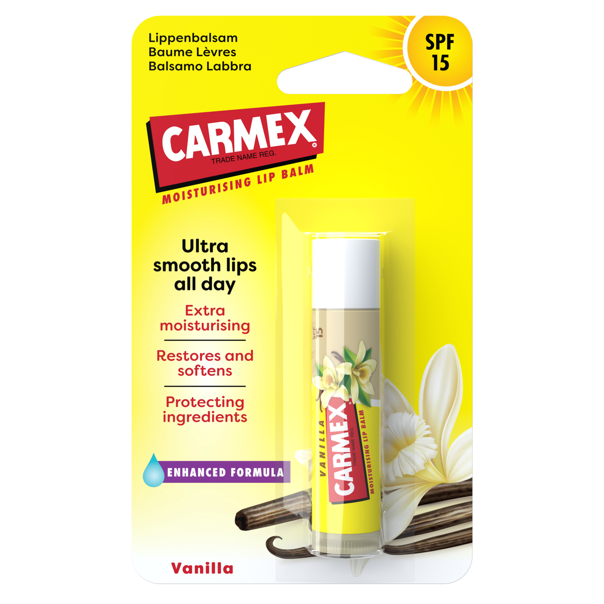 Verpackung eines CARMEX Vanilla Lippenbalsam Sticks mit SPF 15. Vanilleblüte und -stange im Hintergrund.