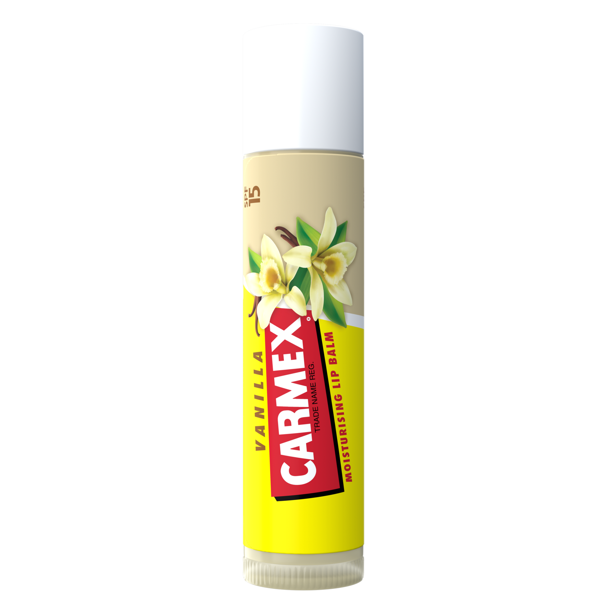 Ein CARMEX Stick Vanilla Lippenbalsam mit SPF 15, die Verpackung ist gelb und mit Vanilleblüten dekoriert.