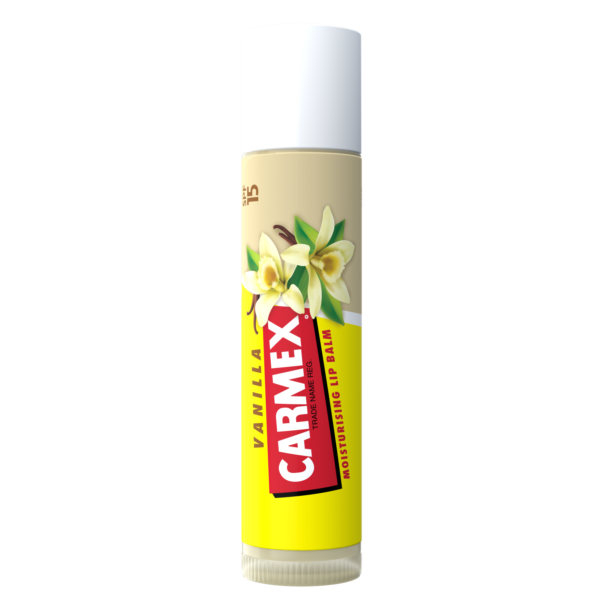 Ein CARMEX Stick Vanilla Lippenbalsam mit SPF 15, die Verpackung ist gelb und mit Vanilleblüten dekoriert.