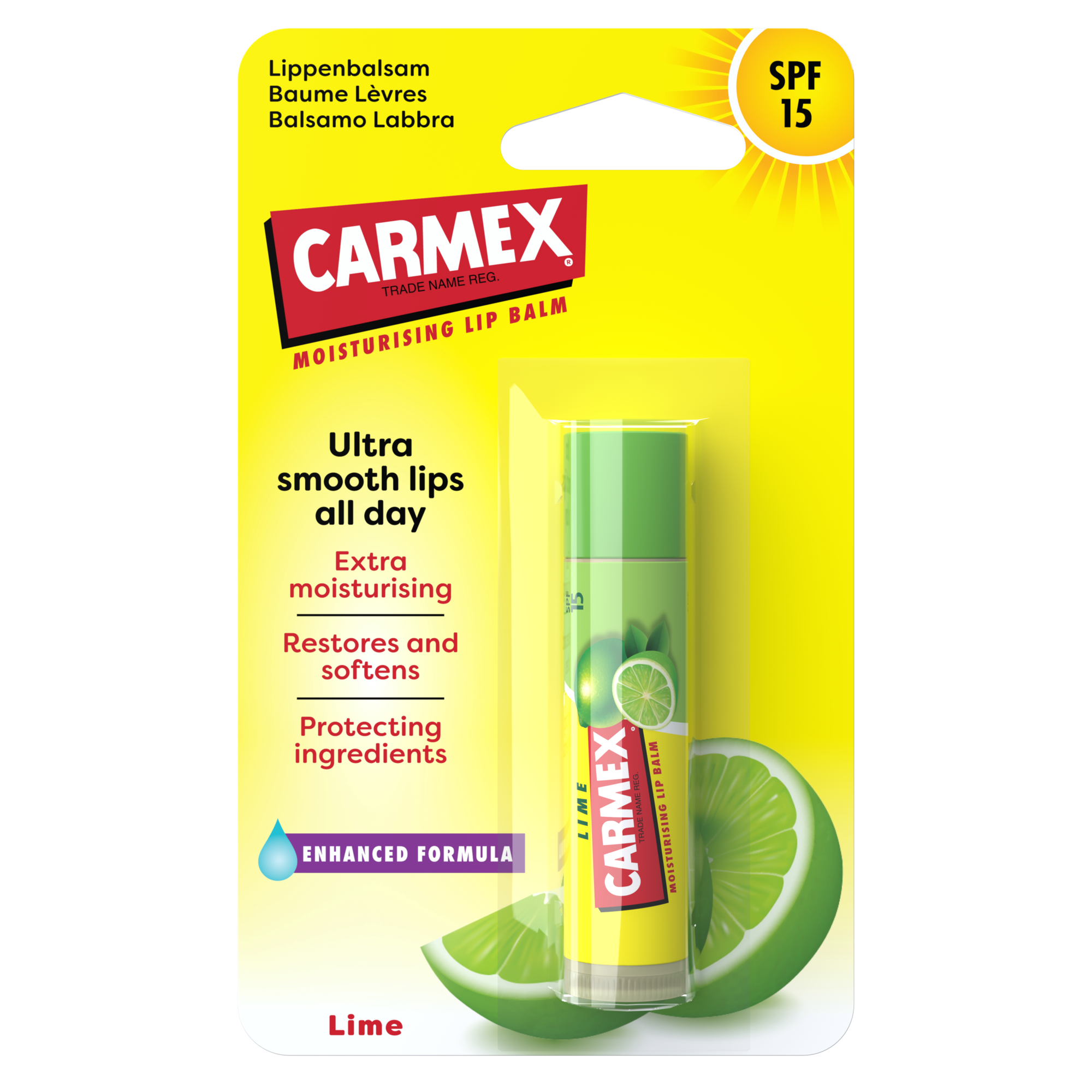 Verpackung eines CARMEX Stick Lime Lippenbalsam mit SPF 15. Der Stick ist gelb mit Limetten-Design und steht vor einer Limettenhälfte.