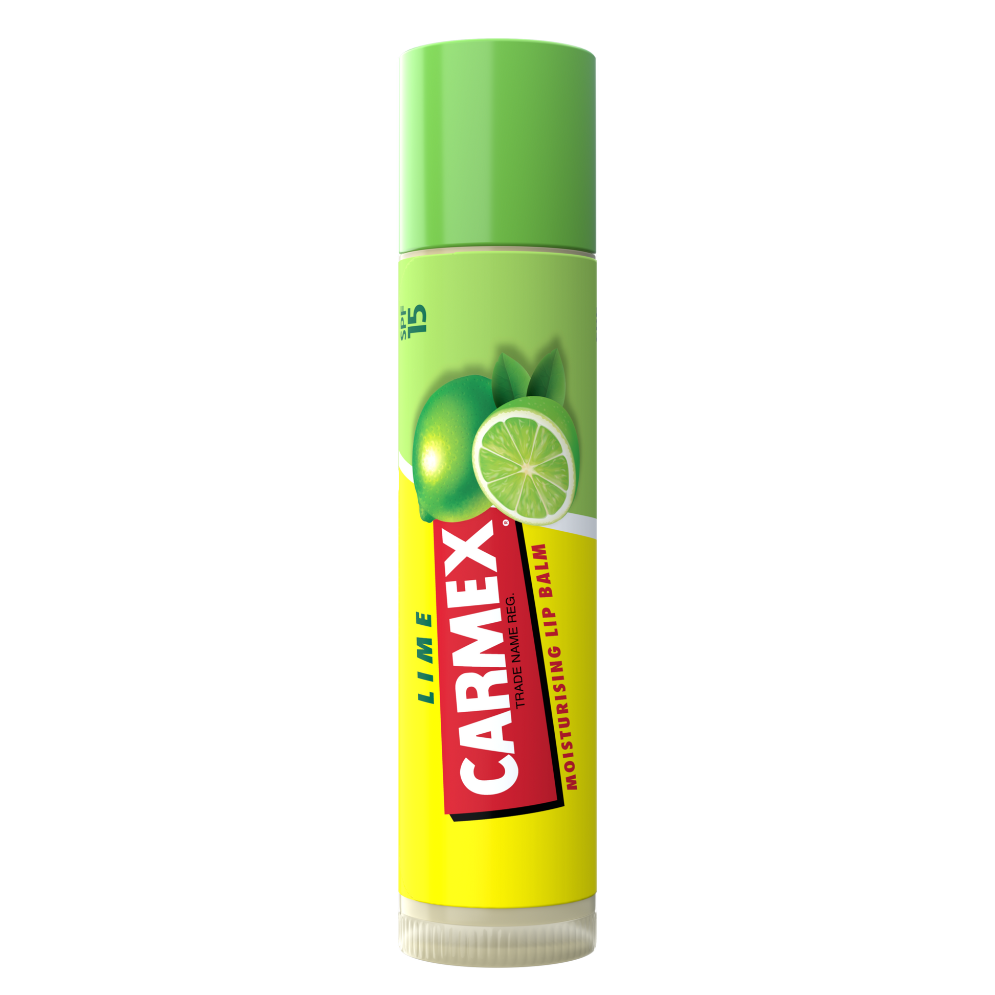 Einzelner, hellgrüner Lippenpflegestift mit Limetten-Motiv, dem Schriftzug CARMEX und dem Hinweis auf SPF 15.